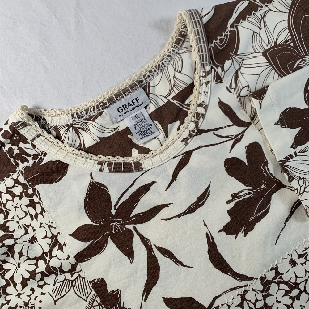 Graff by Um Company Women's‎ XL Brown & Ivory Floral Geometric Stretch Tunic